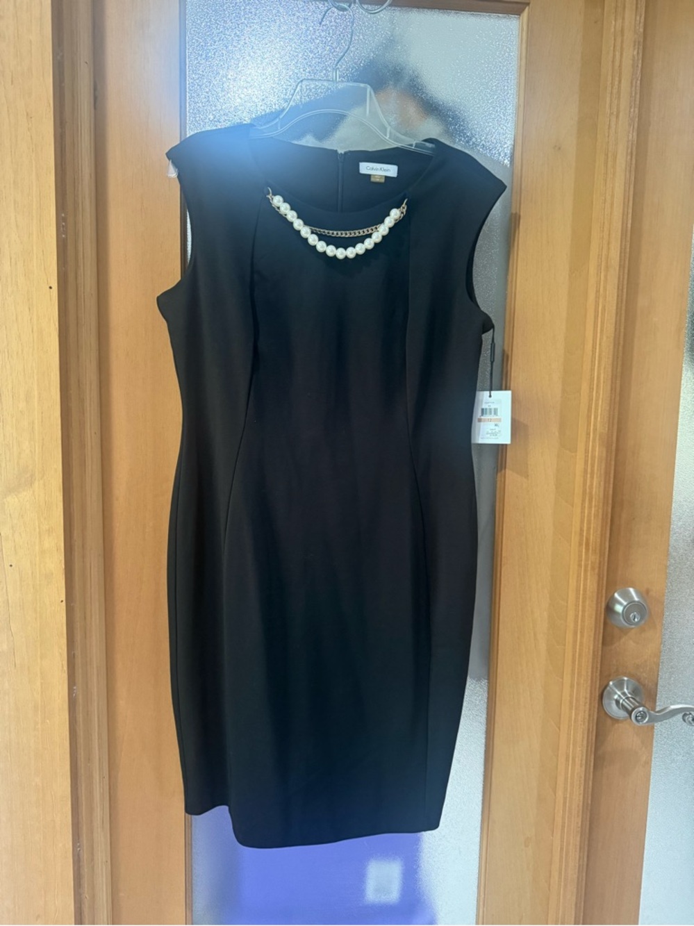 Calvin Klein Black Sleeveless Sheath Dress with Pearl Accent - Size 12
